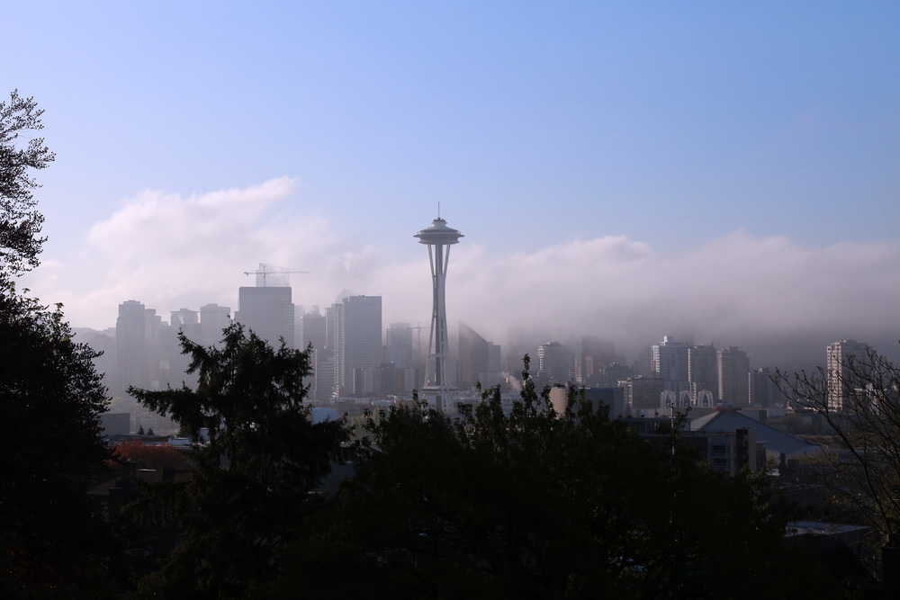The view from Kerry Park during a foggy sunrise.